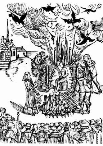 The public burning of Farther Urban Grandier for signing a pact with the devil. From a contemporary drawing. Loudun, 1634.