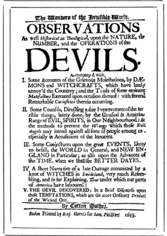 Title page from one of Cotton Mather's witch-hunting pamphlets. Printed by Benjamin Harris for Samuel Phillips. Boston, 1693.