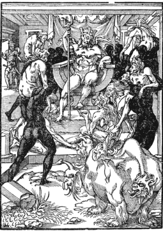 Satan (Pluto) holding court for newly annointed witches. From Gerard d'Euphrates' Livre de l' histoir & ancienne cronique. Printed by E. Groulleau. Paris 1549.