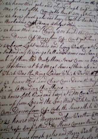 A page from the log book of the Black Prince, a slave ship sailing out of Bristol in 1763.