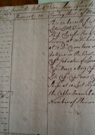 A page from the log book of the Black Prince, a slave ship sailing out of Bristol in 1763. This page notes that there are 488 slaves on board.