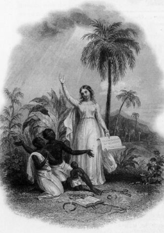 Grateful slaves receive the "gift" of emancipation from Britannia. 1838.