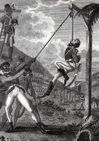 A slave rebel army hanging French officers in St. Domingue. From Marcus Rainsford, An Historical Account of the Black Empire of Hayti (London, 1805)