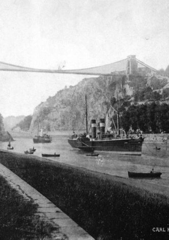 Clifton Suspension Bridge with a steam tug towing a steamer.